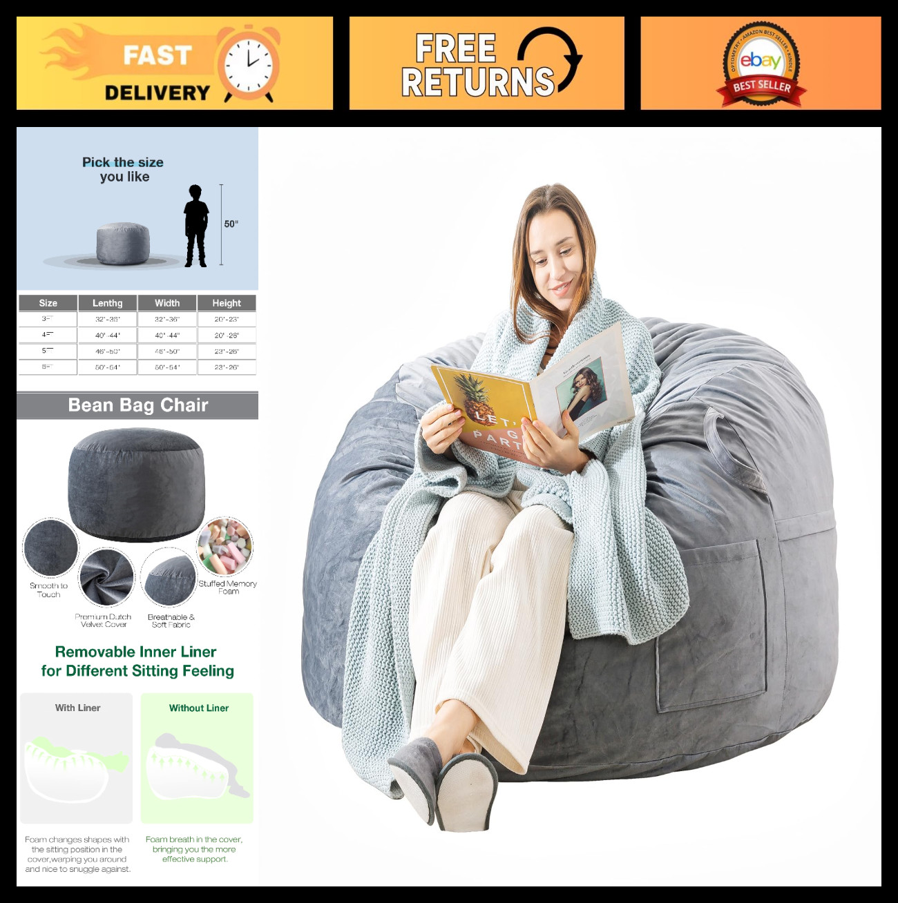 Memory Foam Bean Bag Chair for Adults - Soft Velvet, Stylish Sofa, 3ft Grey gallery