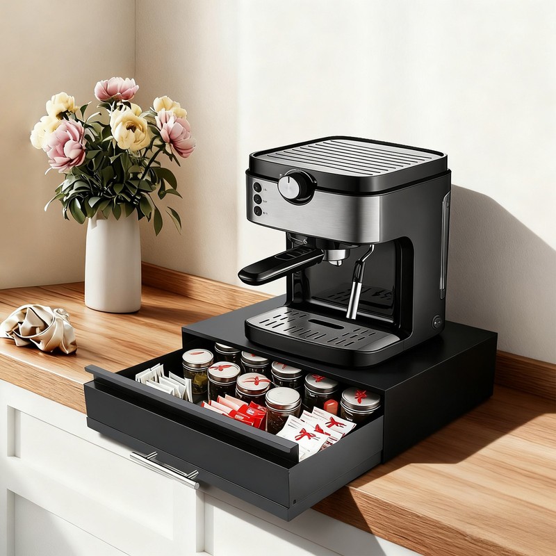 Countertop Organizer Microwave Rack Microwave Stand with Drawer &Shelf Black gallery