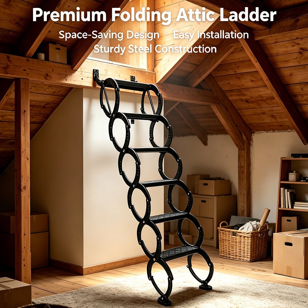 6-Step Wall-Mounted Folding Ladder 440LBS Carbon Steel Attic Stairs Loft Garage gallery