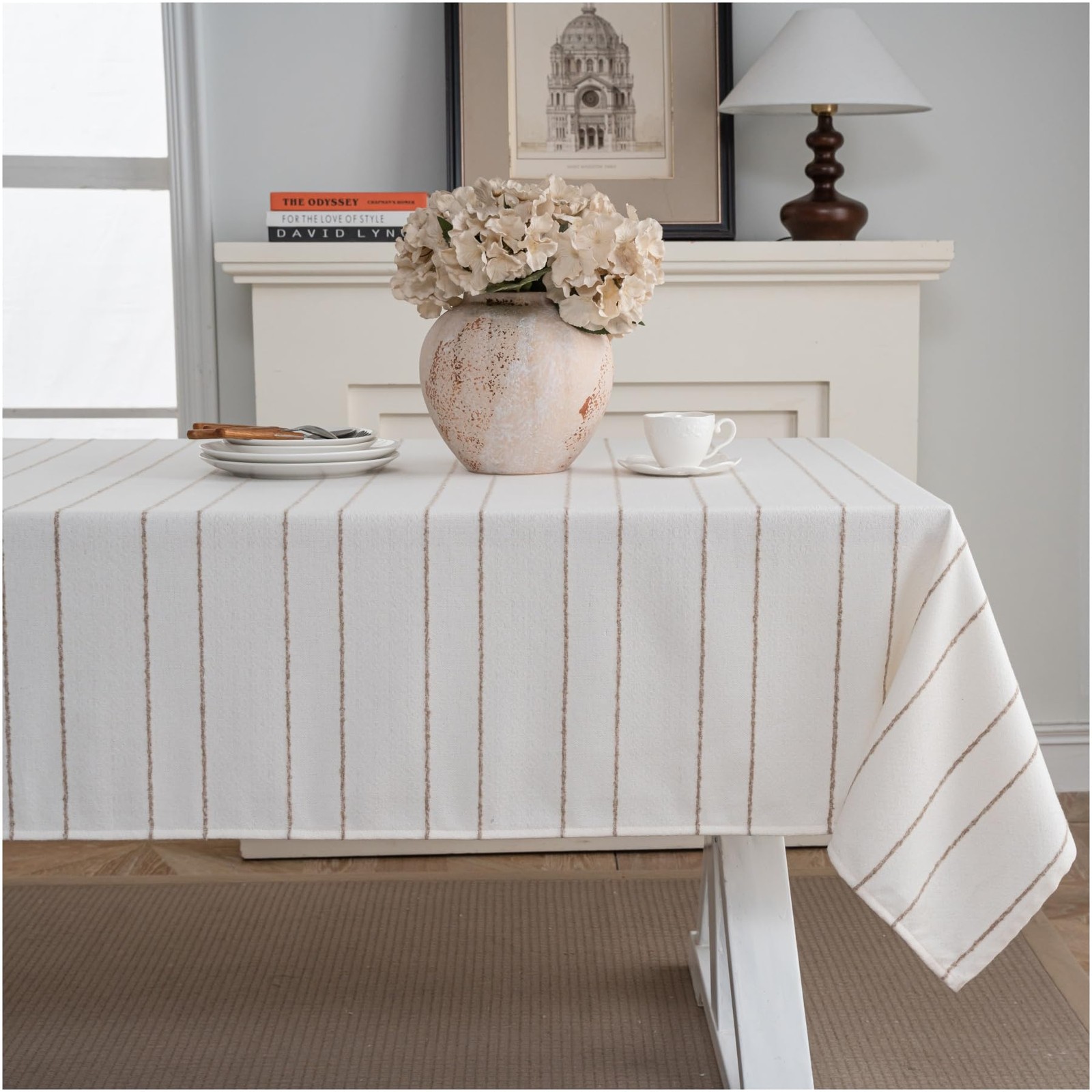 White Rectangle Tablecloth 55x86 Inch, Cotton Linen Polyester Blend Stripes T... gallery