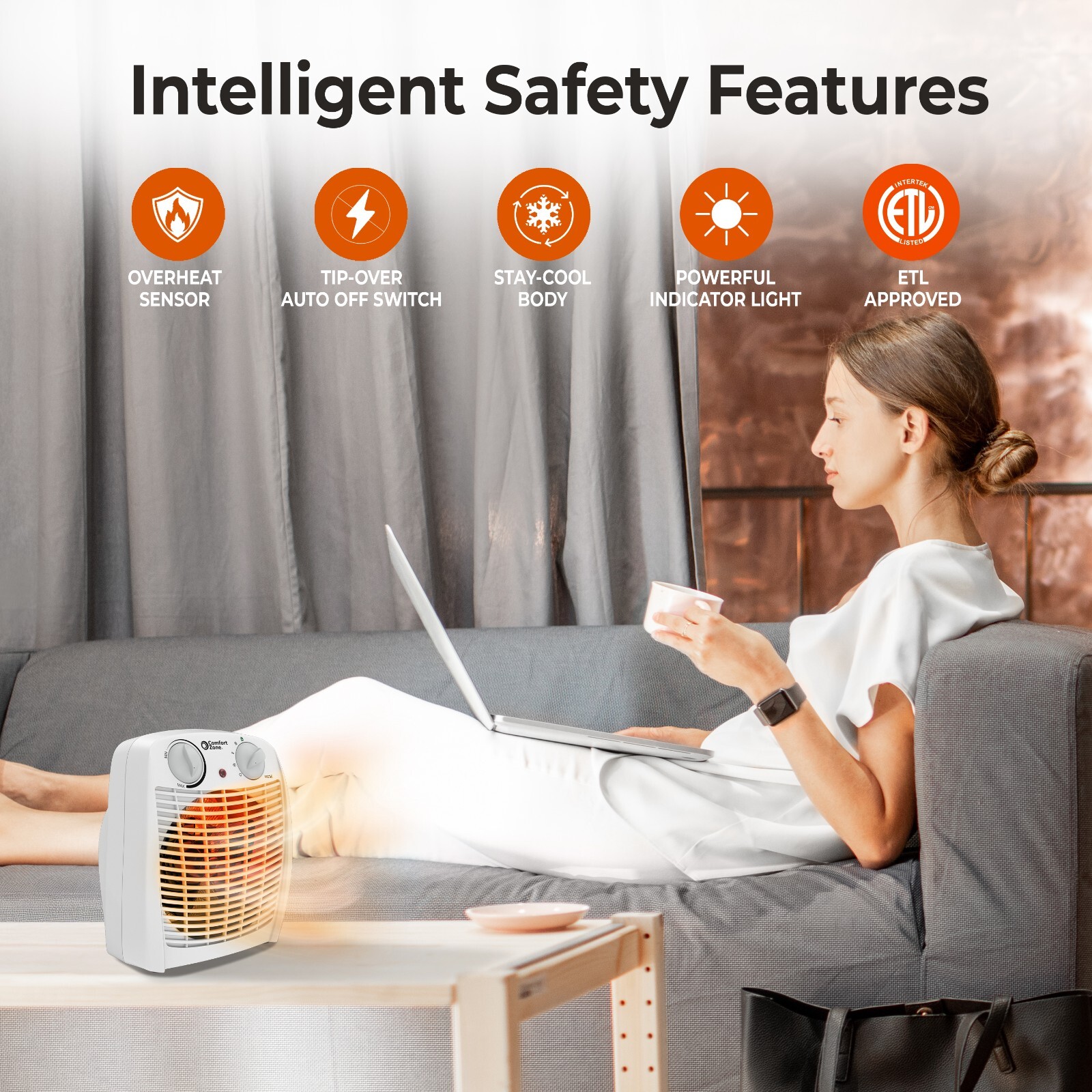 Comfort Zone Portable Fan-Forced Indoor Space Heater with Tip-Over Switch, White gallery