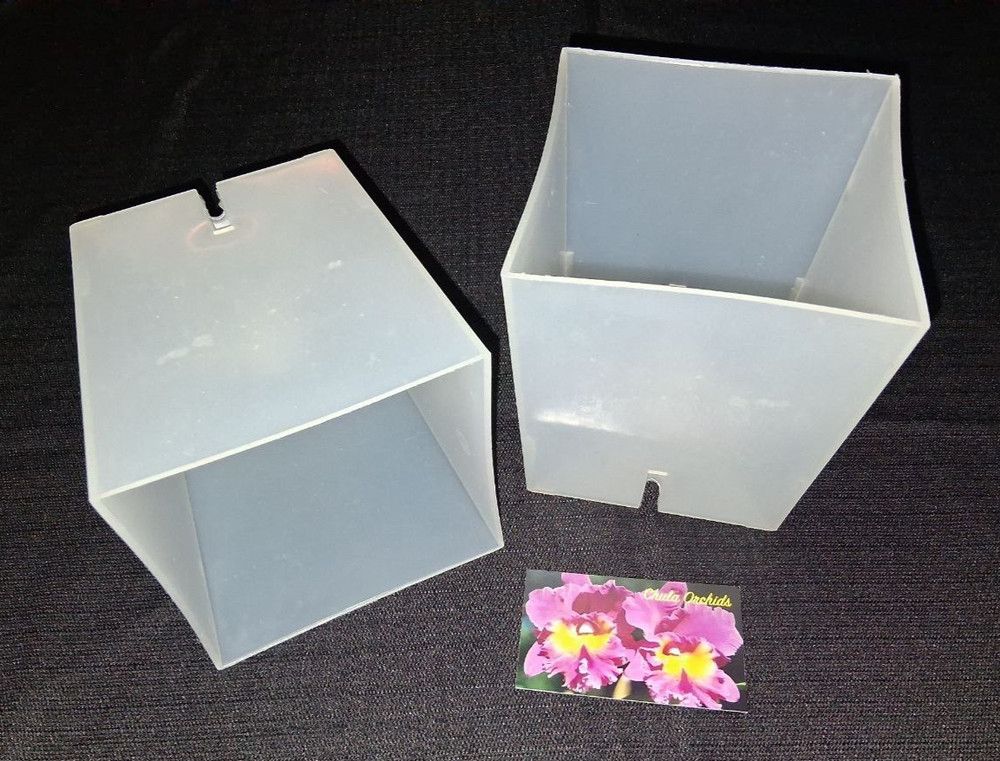 (2) 5 inch Square Chula Orchids heavy duty clear plastic orchid pot Aircone lot