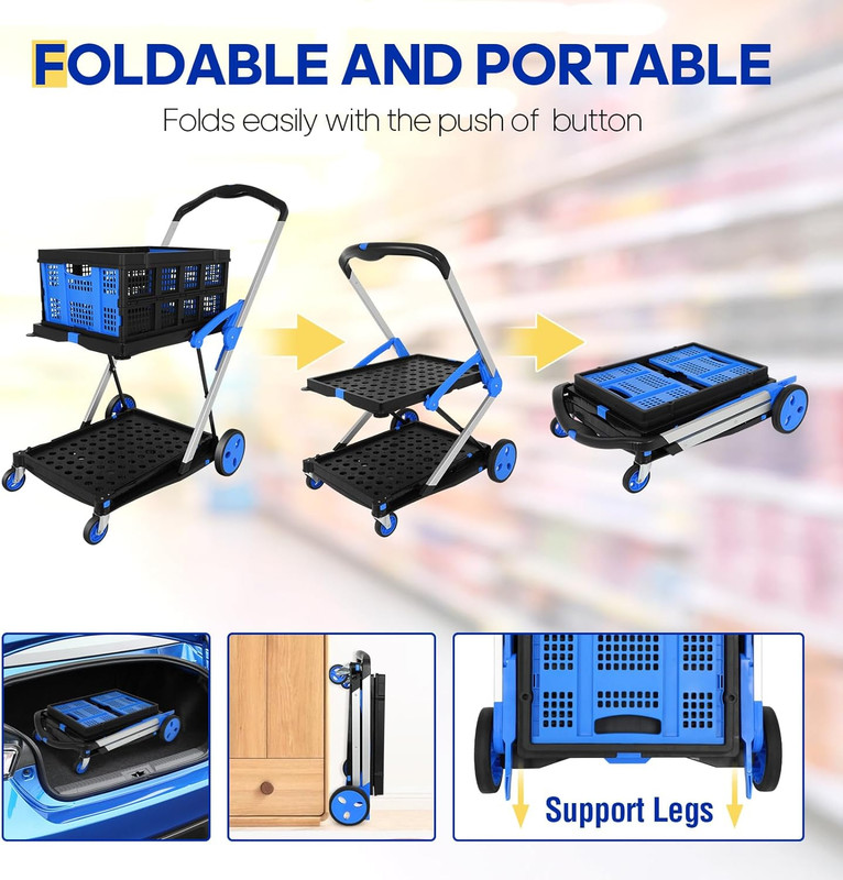 Multifunctional Folding Cart with Wheels,Two Layers Collapsible Utility Cart for gallery