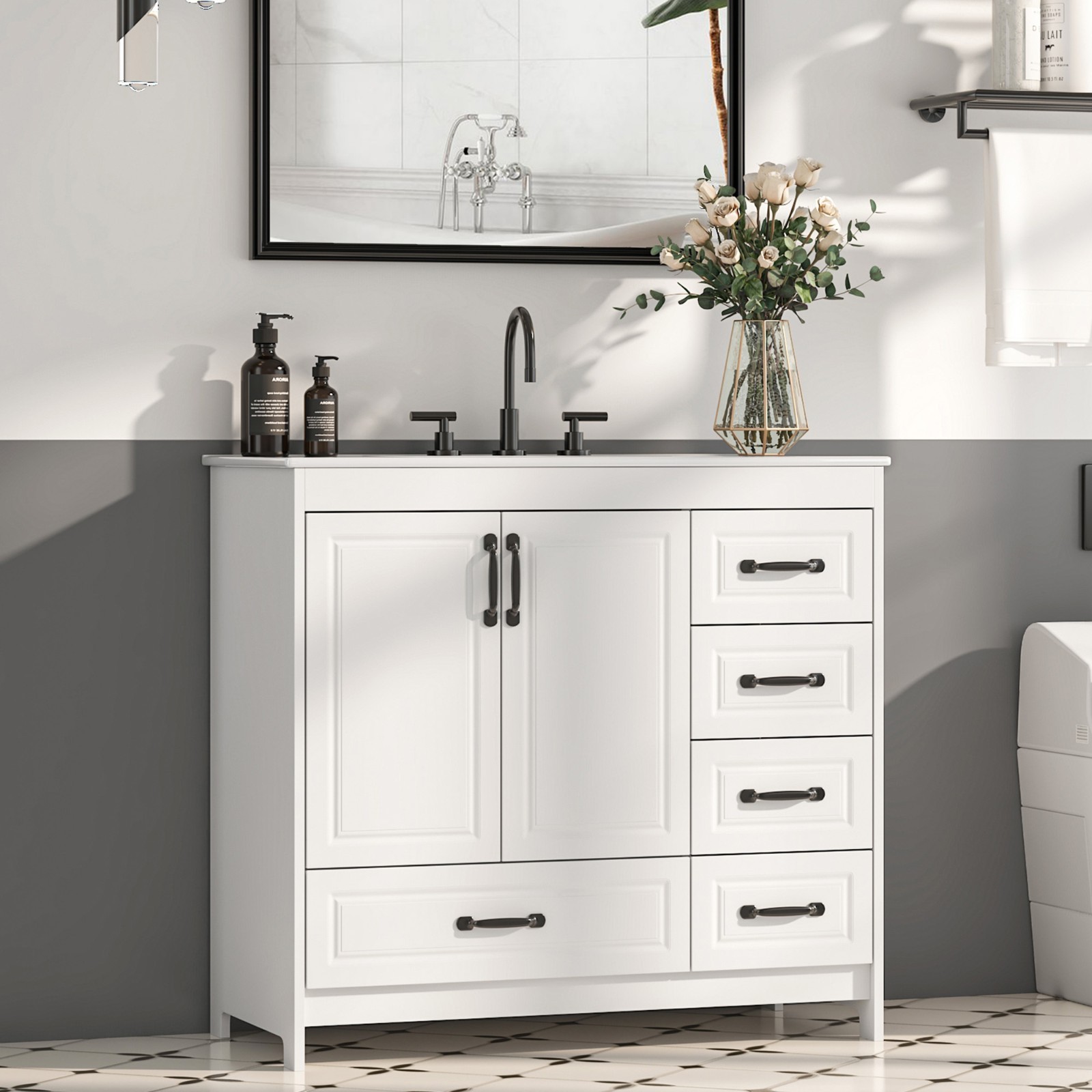 36" Bathroom Vanity with Ceramic Sink Freestanding Storage Cabinet w/ 5 Drawers gallery