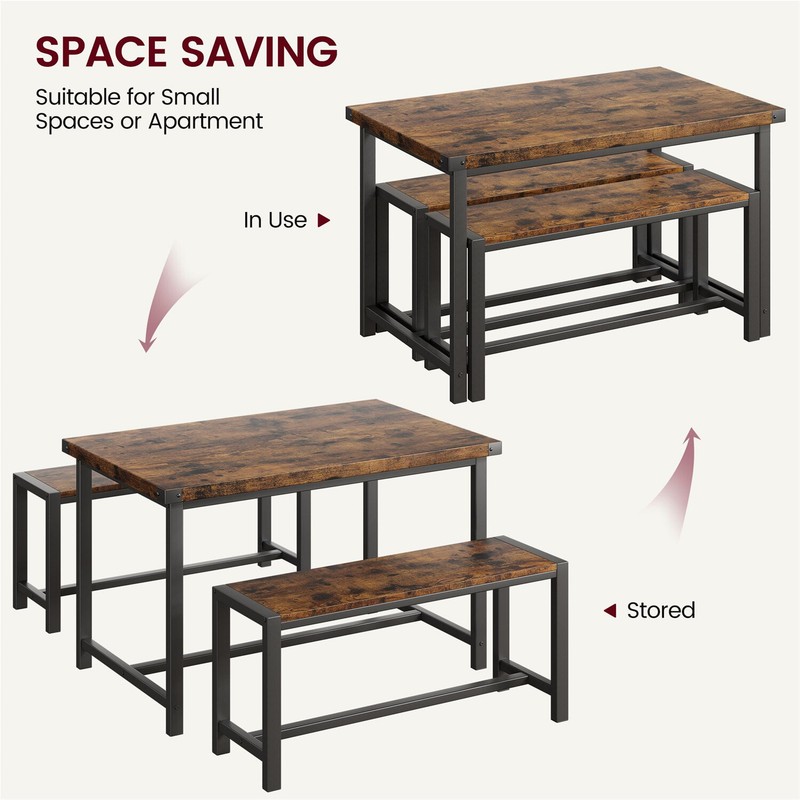 Dining Table Set for 4 Kitchen Table with 2 Metal Wood Benches for Apartment gallery