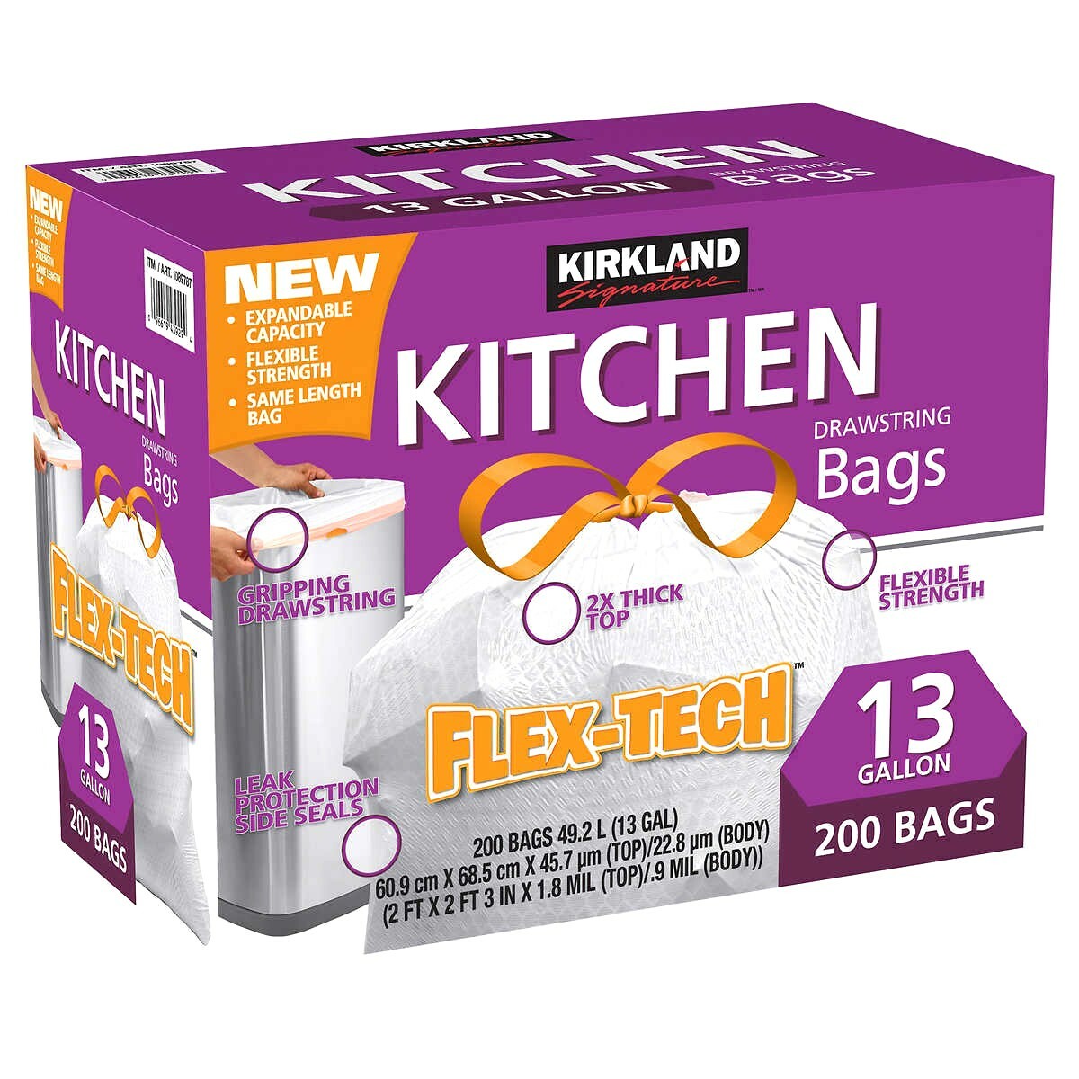 2 x Kirkland Signature Flex-Tech Kitchen Trash Bags 13 Gallon 200ct, Total 400ct gallery