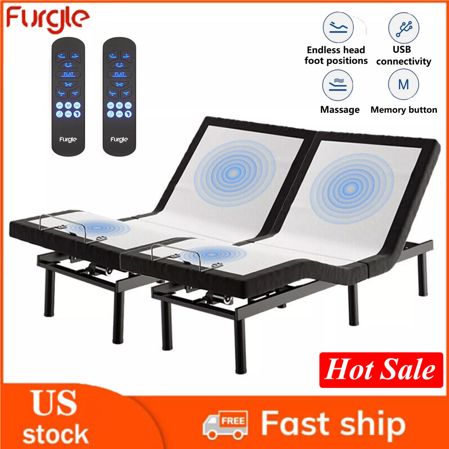Split King Electirc Adjustable Bed Frame Base With Massage Remote USB Twin XL gallery