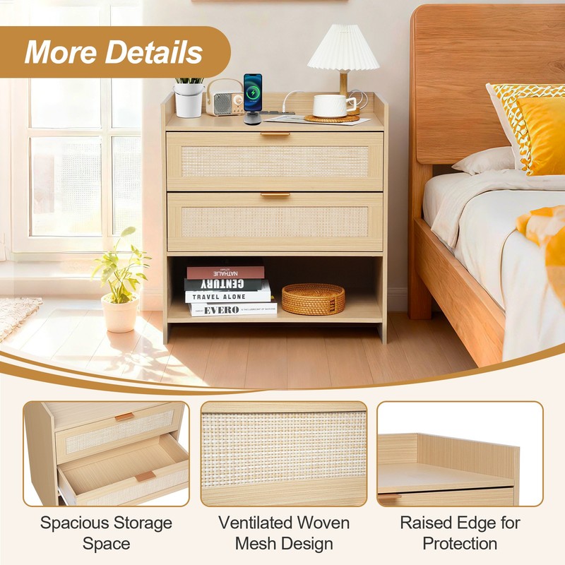 Charging Nightstand with Outlets & USB, 2 Rattan Drawers, Modern Farmhouse Style gallery