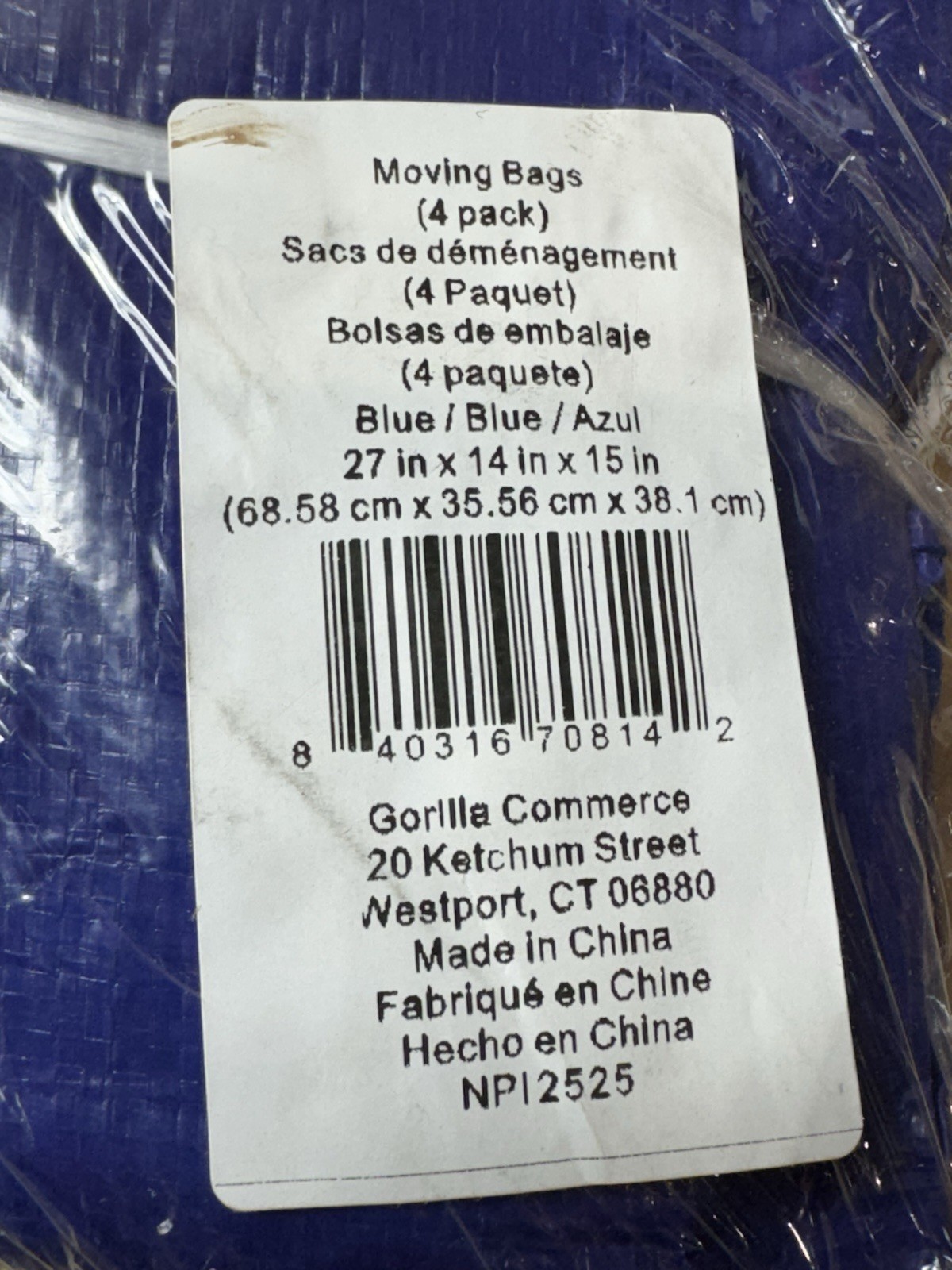 4 Pack RUGGED RHINO Heavy Duty Extra Large Blue Moving Bags 27"L x 14"W x 15"H gallery