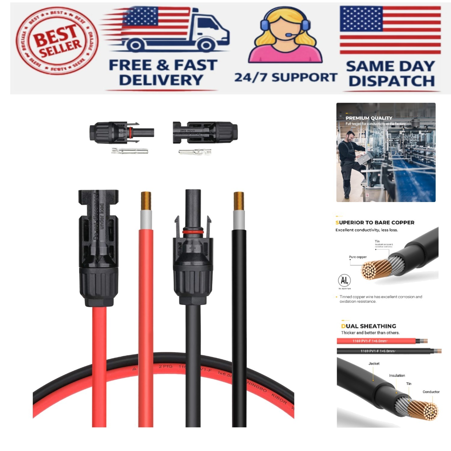 20 Feet 10AWG Solar Extension Cable with Female and Male Connector with Extra... gallery