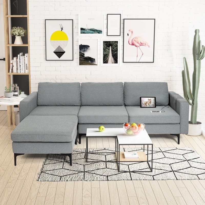 Modular L-shaped Sectional Sofa w/Overstuffed Backrest & Thick Cushion Dark Grey gallery