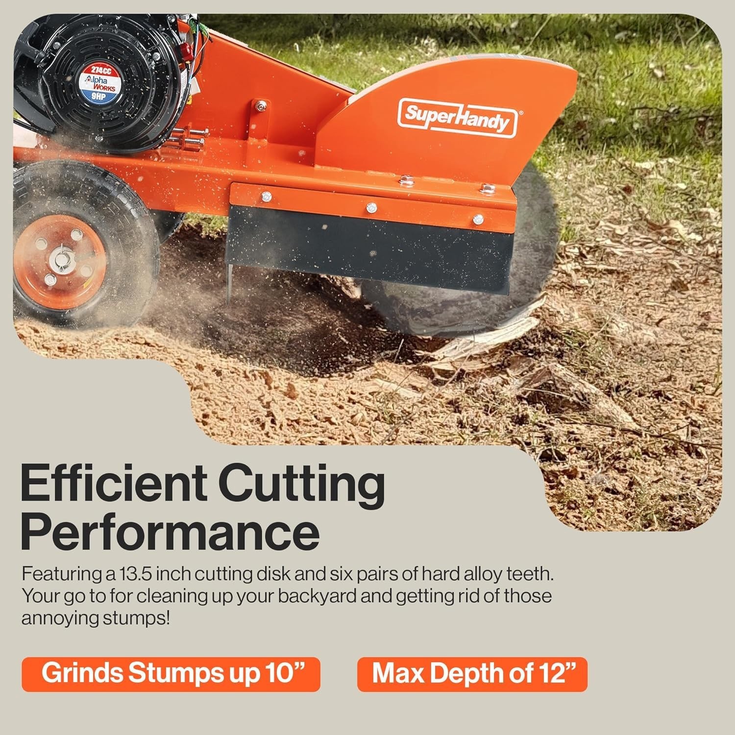 SuperHandy Compact Gas-Powered Stump Grinder - 9HP Motor, 12" Efficiency Cut, gallery