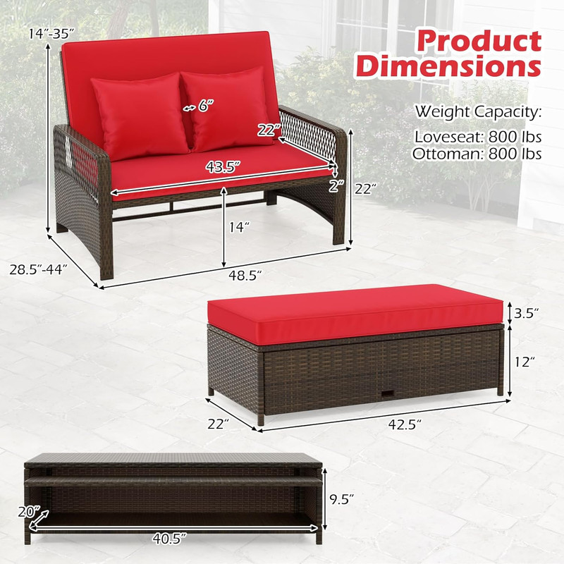Versatile Red Wicker Daybed & Loveseat with Storage Ottoman gallery