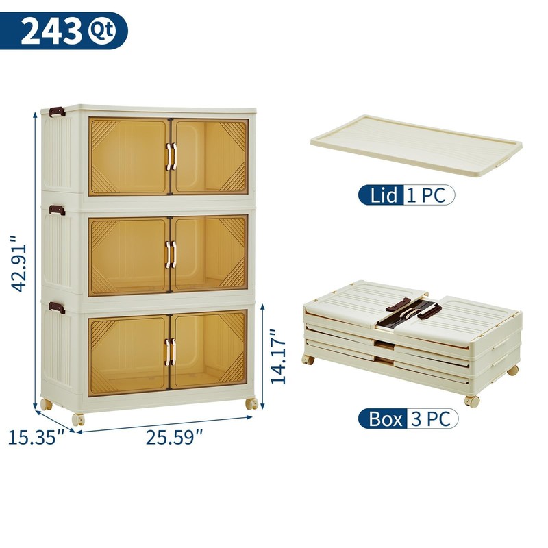 3-Tier 243QT Stackable Storage Bins Fold Storage Box w/ Magnetic Doors & Wheels gallery