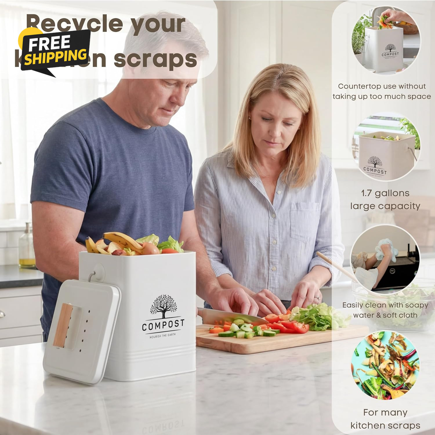 Kitchen Compost Bin, 1.7 Gallon Countertop Compost Bin with Lid, Indoor Compost gallery