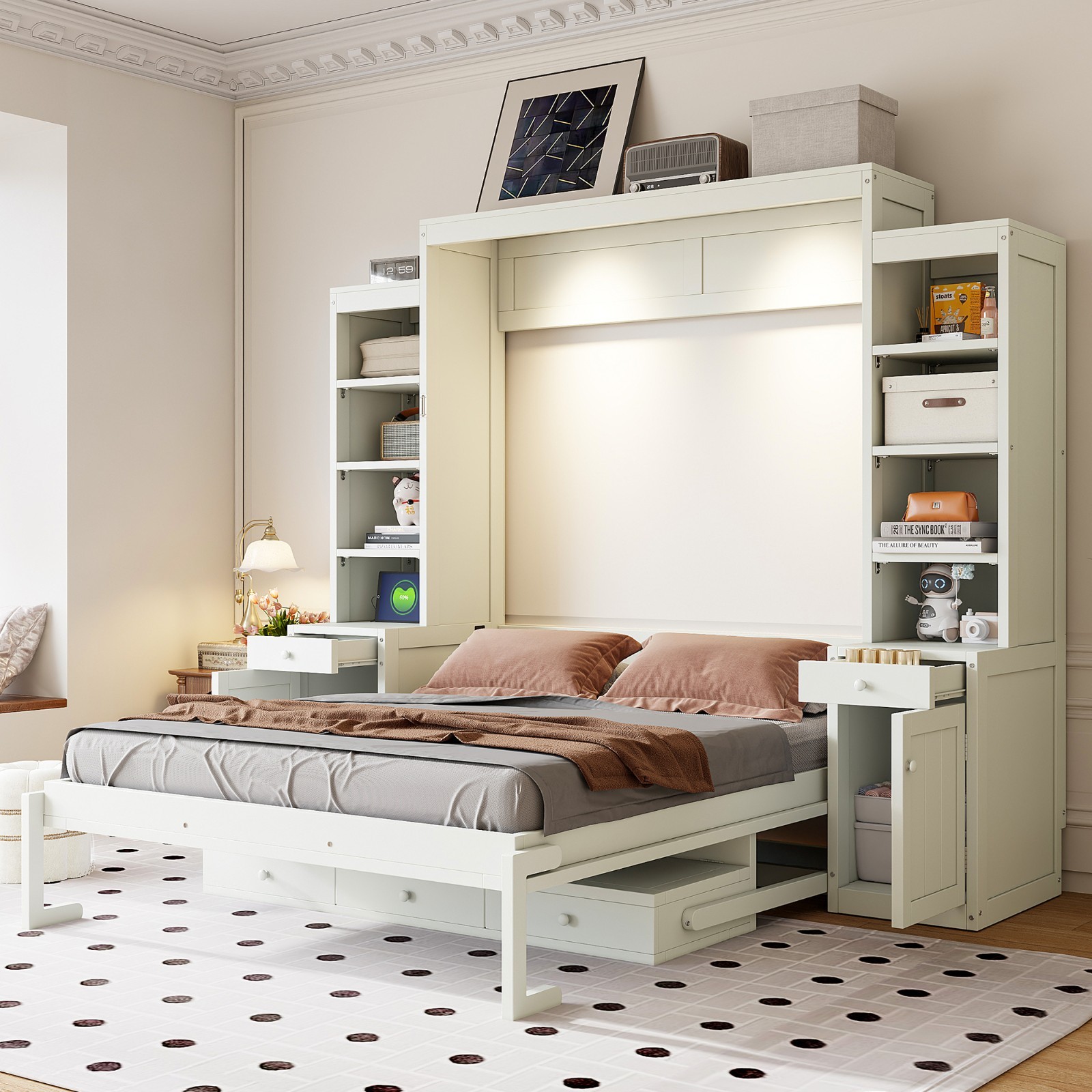 Queen Size Murphy Bed w/ Desk Storage Wood Wall Bed Cabinets Drawers 2 colors gallery