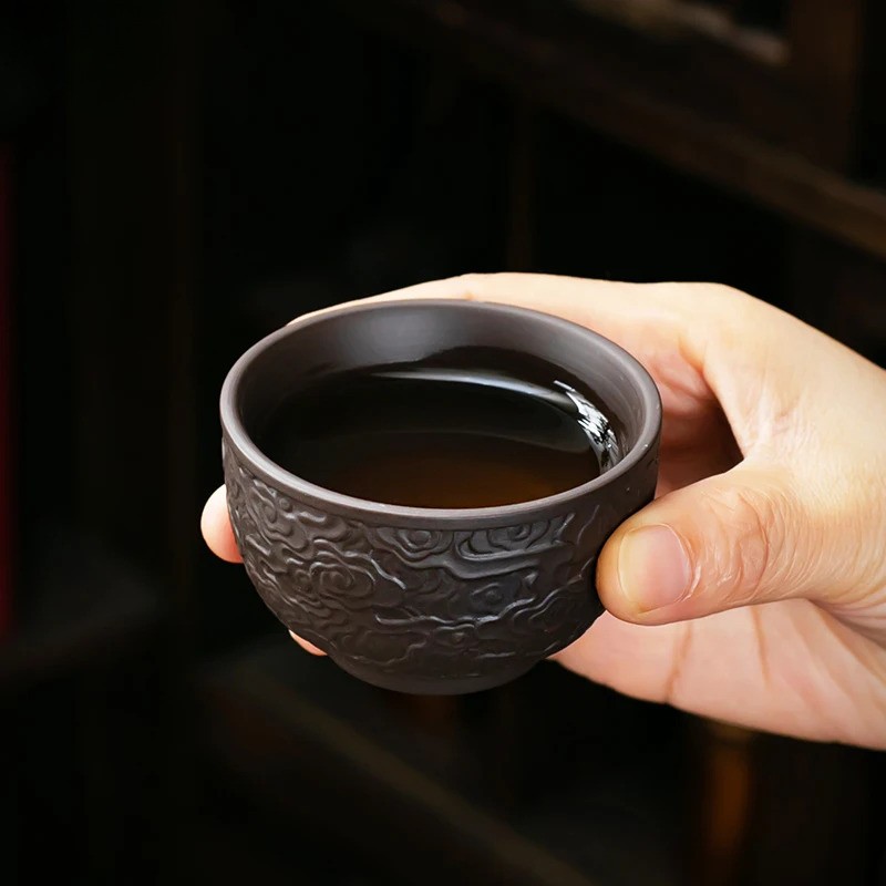 2pcs/80ml Yixing Purple Clay Tea Cup Handmade Relief Tea Cup Set gallery
