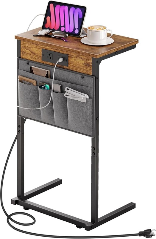 C Shaped End Table with Charging Station, 28" H Couch Side Table Slide Under,... gallery