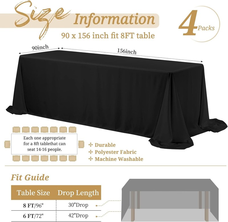 4 Pack Black Rectangle Tablecloth, 90 x 156 Inch, Wrinkle Resistant, Washable gallery