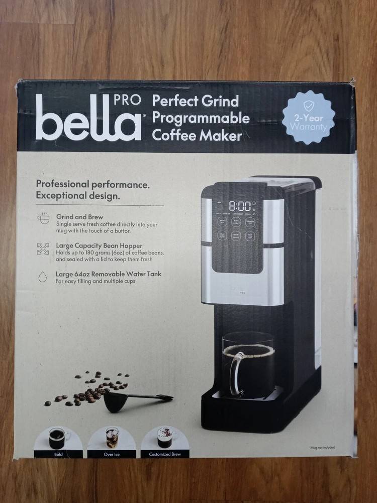 bella PRO Programmable Single-Serve Coffee Maker Integrated Burr Grinder Silver