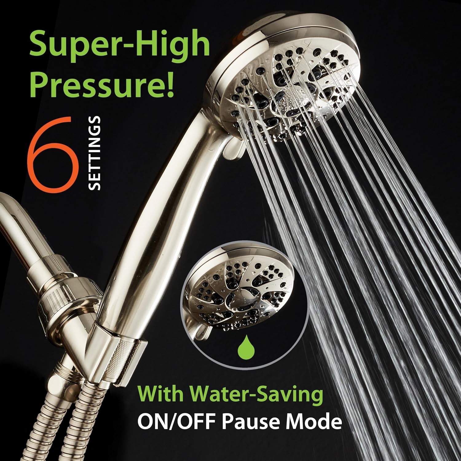Aquadance 6-Setting High Pressure Brushed Nickel Handheld Shower Head - 2.5 GPM gallery
