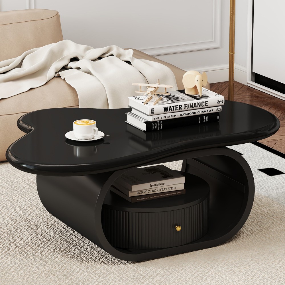Black 39"Cloud Coffee Table Center Table MDF Metal with Drawer,Shelf Home Office