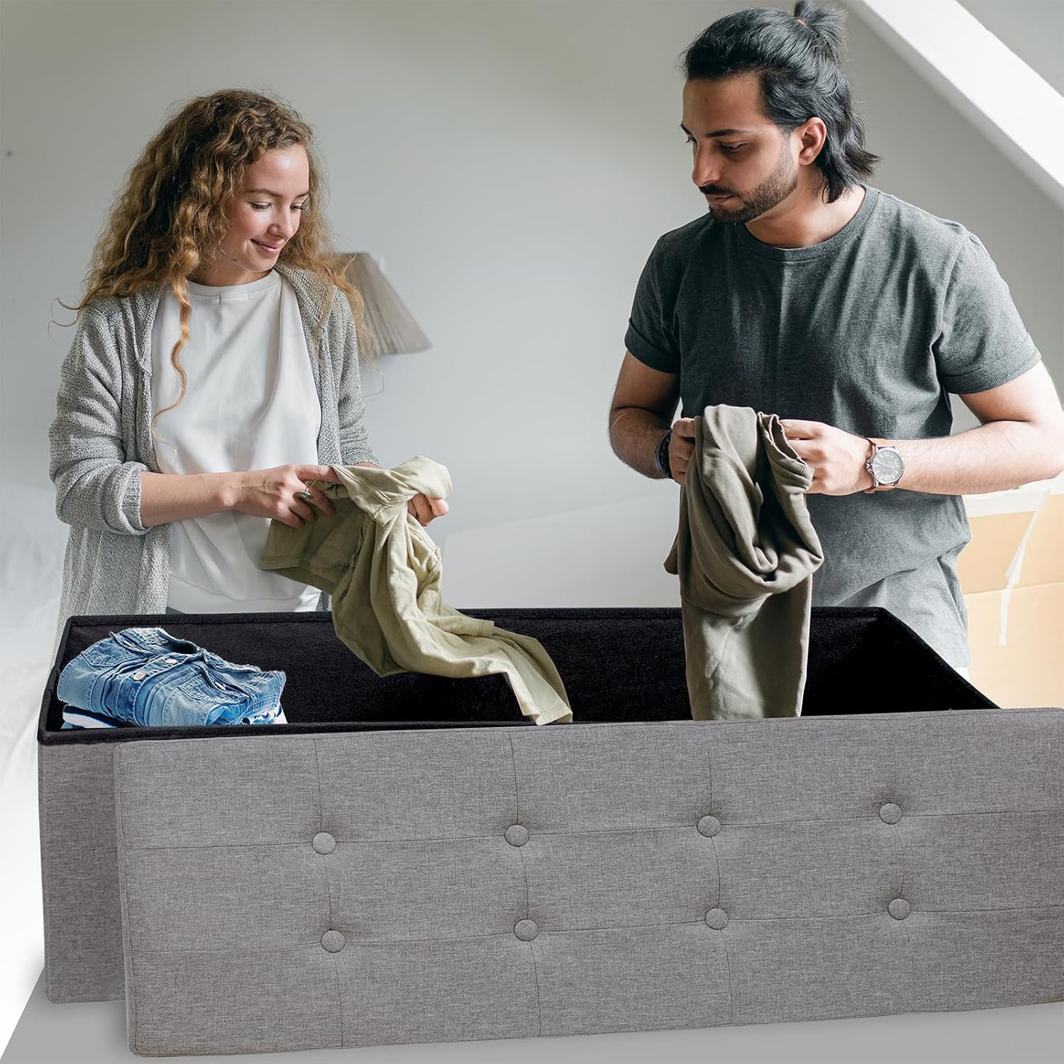 Folding Storage Ottoman Bench - 660 lb Capacity, Dark Grey, 43.3 Inches gallery