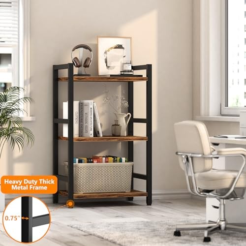 Book Shelf Bookcase with Steel Frame, Stable Bookshelf 3 Tier Rustic Brown gallery