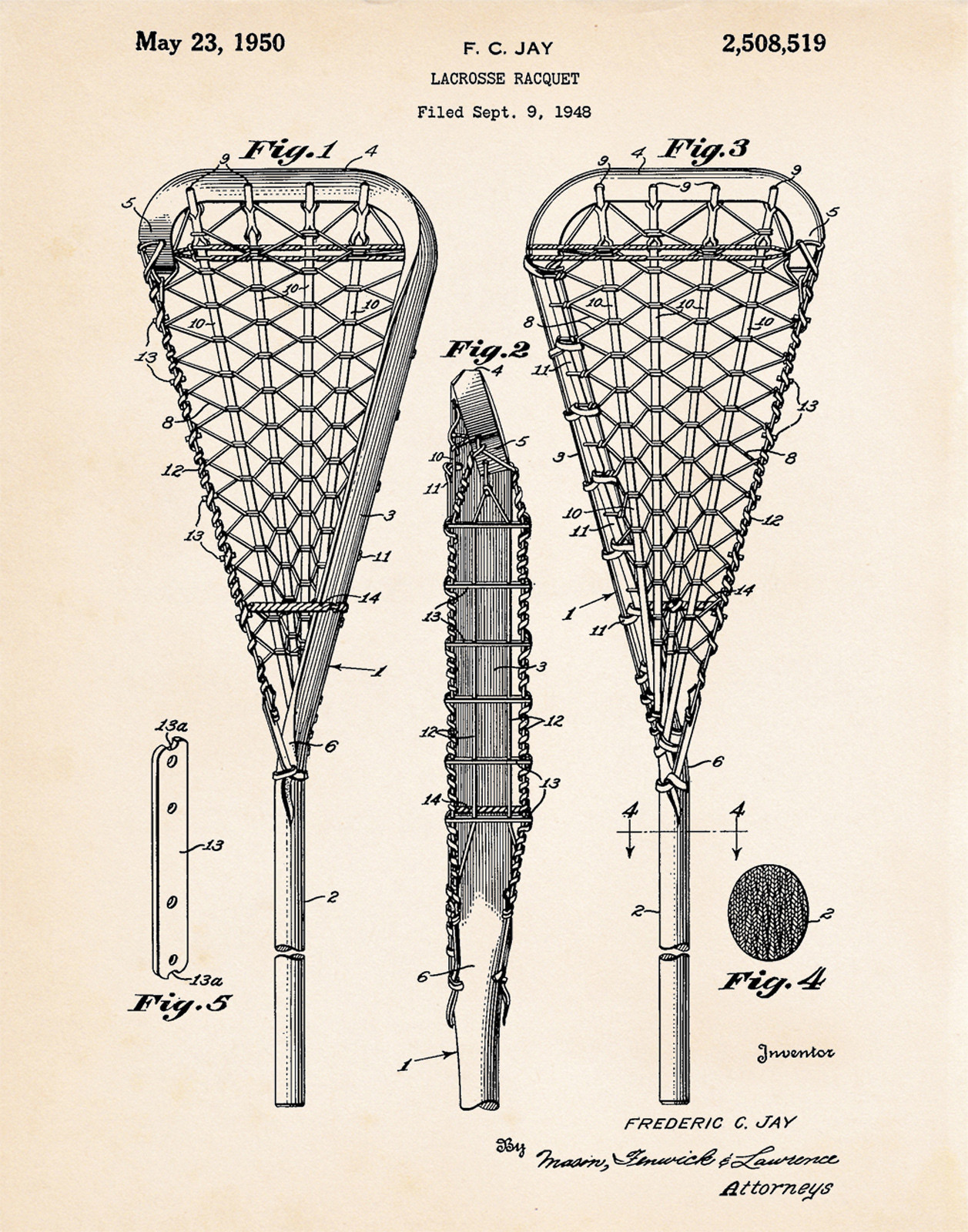 Lacrosse Stick Racket Racqet 1950 US Patent Prints Art Drawings Sports Poster gallery