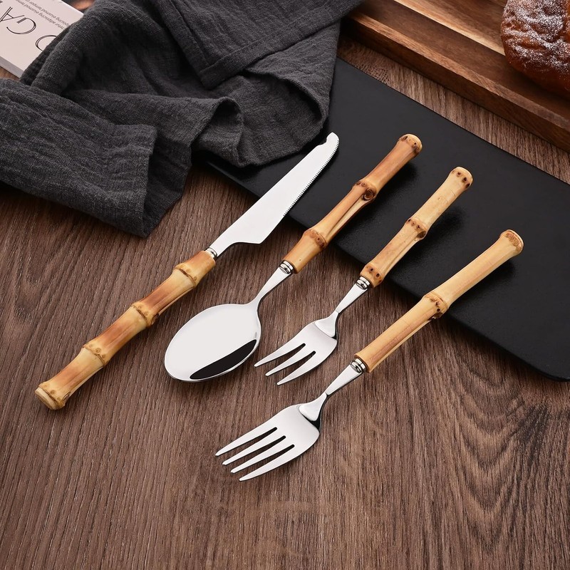 Bamboo Handle Silverware Set 30 Pcs Set for 6 Stainless Steel Flatware Set gallery