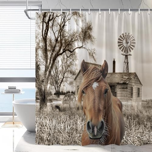 Horse Shower Curtain Rustic Farm 70"W x 70"L (Pack of 1) Brown Black White gallery