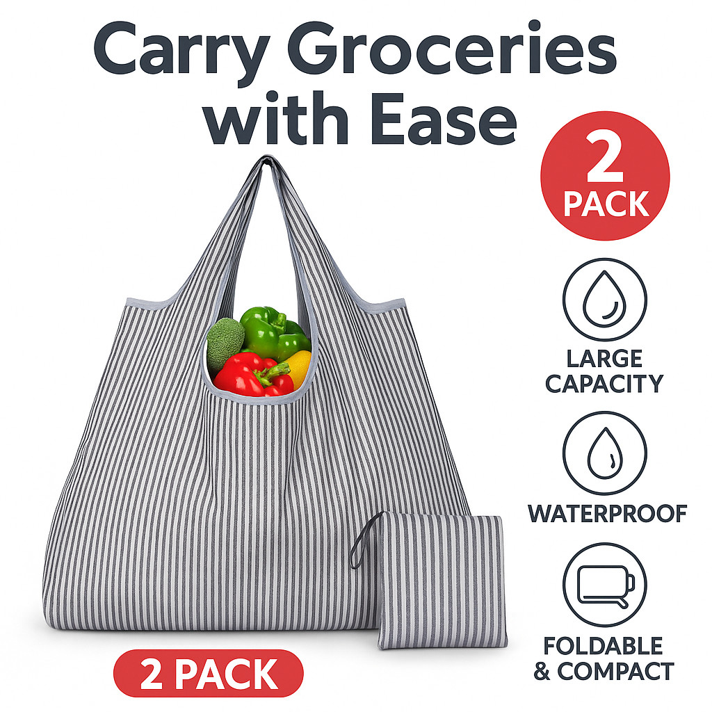 Reusable Grocery Bags 2 Pack Foldable Shopping Tote Waterproof Nylon Large Eco gallery