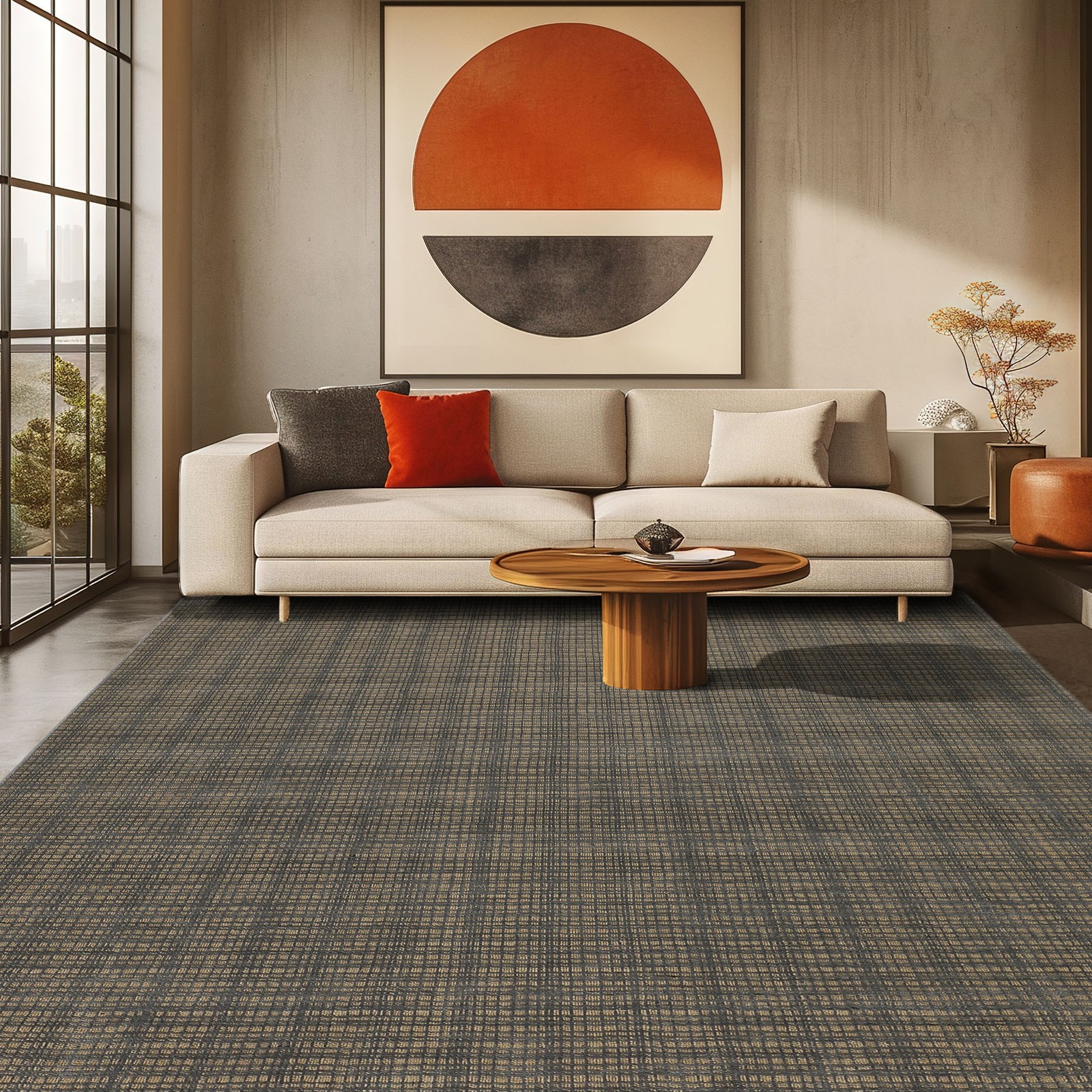 8x10 Hand Loomed Wool & Jute Tan Gray Modern Textured/Grid Loop N Cut Pile Rug gallery