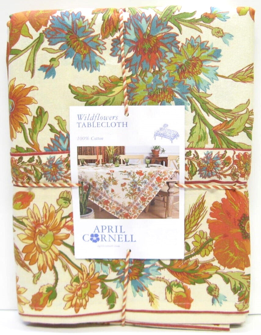 April Cornell Border Print Tablecloth Wildflowers Rust Teal Green Ivory 60x84 gallery