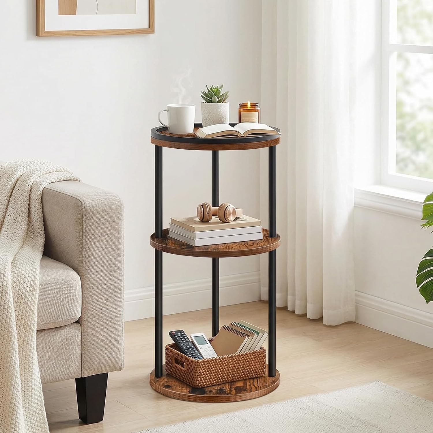 Small Round Side Table W/ Tray 3-Tier End Table W/ Storage Shelf Accent Table gallery