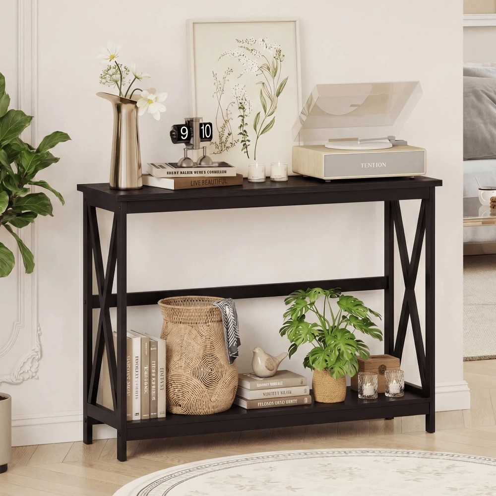 OLIXIS 40 Inch Rustic Wood Console Table Elegant Metal X Frame Entryway Sofa Des gallery