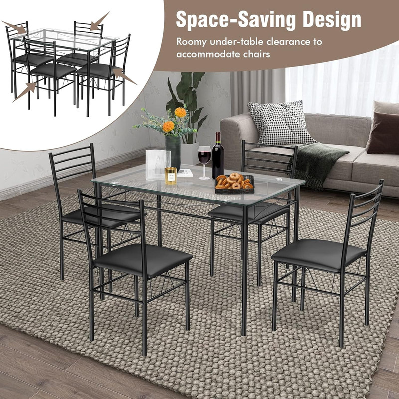 5-Piece Black Dining Set with Tempered Glass Table and 4 Chairs for Kitchen gallery