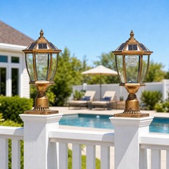 2 Pack 20” Solar Lamp Post LED Light Gold Outdoor Dusk to Dawn Pier Mount Base