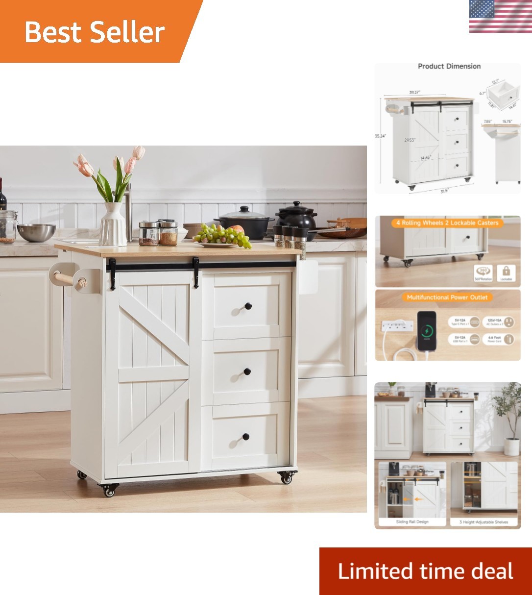 31.5" Farmhouse Kitchen Island with Drop Leaf & Power Outlet, Rolling Kitchen... gallery