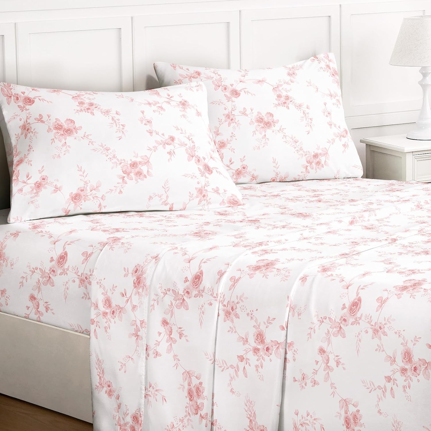 Wake In Cloud - Floral Bed Sheets, 4-Piece Sheet Set, Flower Shabby Chic Rose Pa gallery