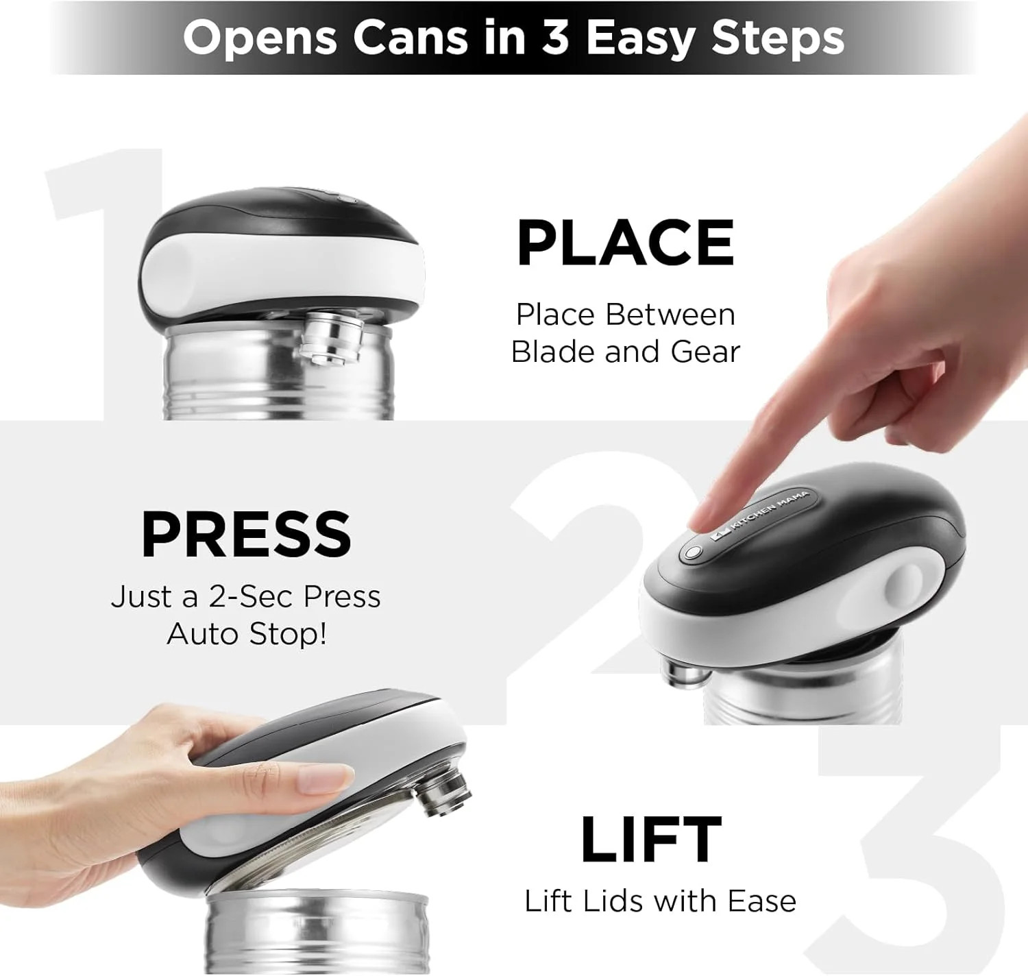 Kitchen Mama One-To-Go Electric Can Opener: One Touch, Auto Stop, Smooth Edge, L gallery