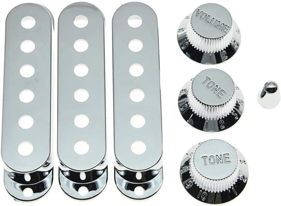 Chrome Plastic ST Strat 52mm Pole Spacing Pickup Covers Guitar Knobs and 5 Wa... gallery