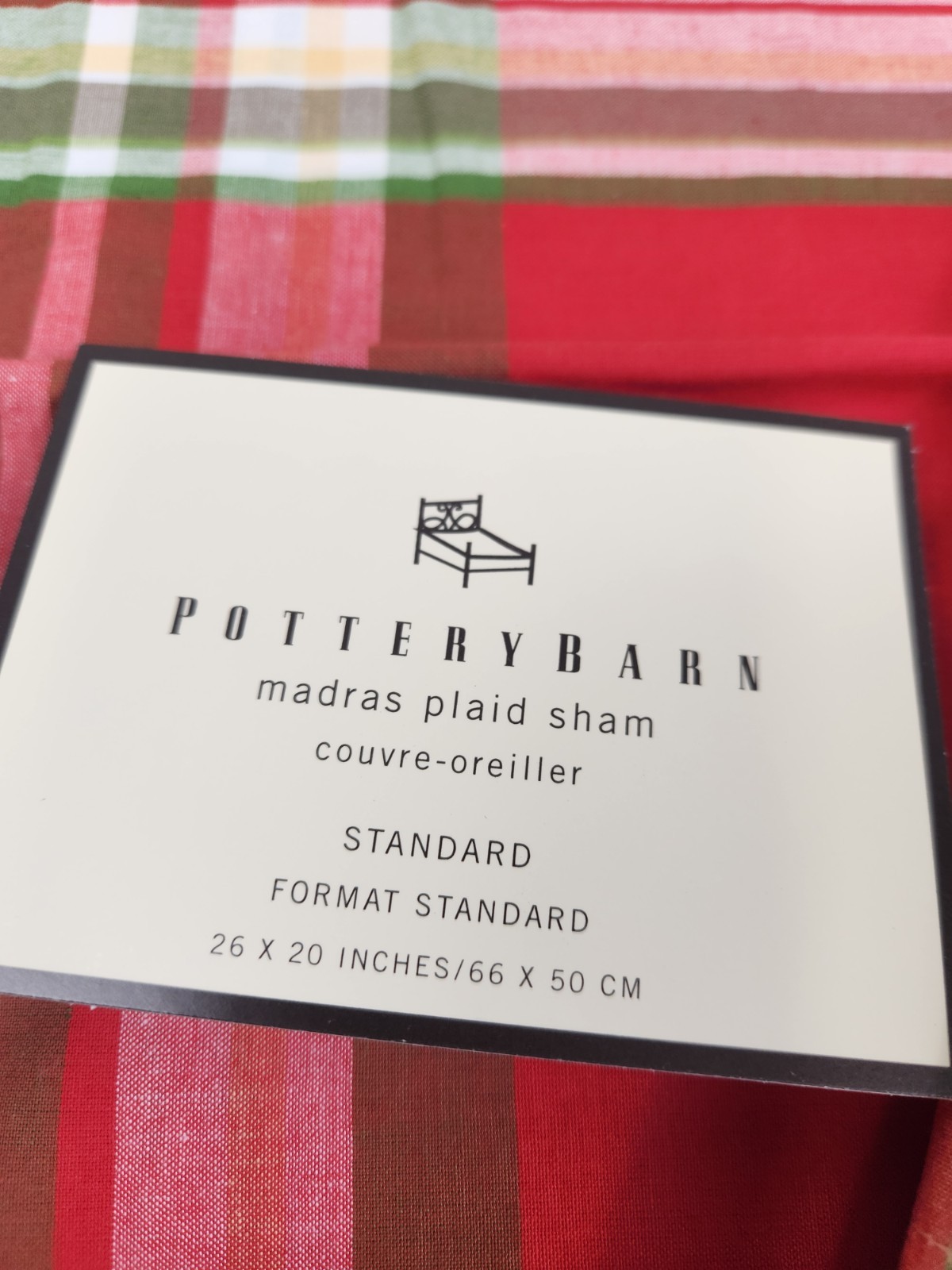 Pottery Barn Madras Rust Red Green Plaid Pillow Sham Set Of 2 Standard 20X26 NOS gallery