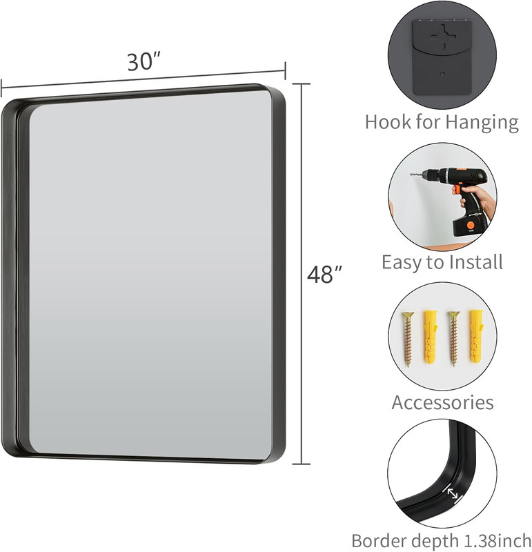 Matte Black 30x48 Inch Rounded Rectangle Wall Mirror for Bathroom & Living Room gallery