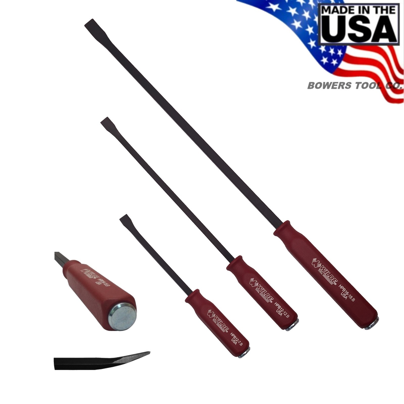 Wilde 3pc Hard Cap Pry Bar Set Hammer Strike Handle 12" 17" 25" Made in USA gallery
