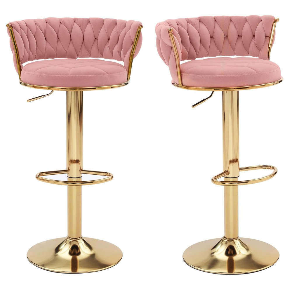 2 PCS Bar Stools Adjustable Counter Height Velvet Woven Kitchen Island Pink