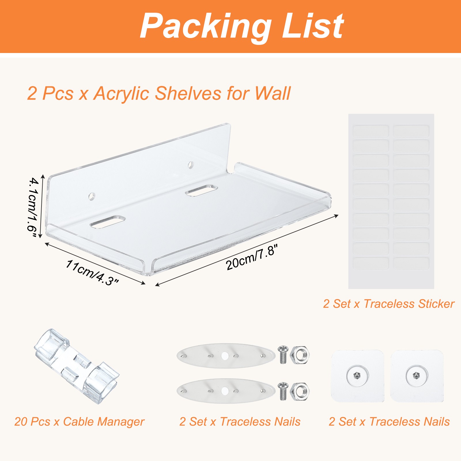 2Pcs 8" Small Floating Shelves Clear Acrylic Shelf for Wall with Cable Manager gallery