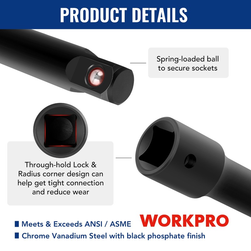 WORKPRO 18-PCS Drive Tool Accessory Set 1/4"&3/8"&1/2" Socket Adapter Extensions gallery