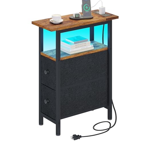 End Table with Charging Station, Narrow Side 2 Drawers 1 Rustic Brown + Black
