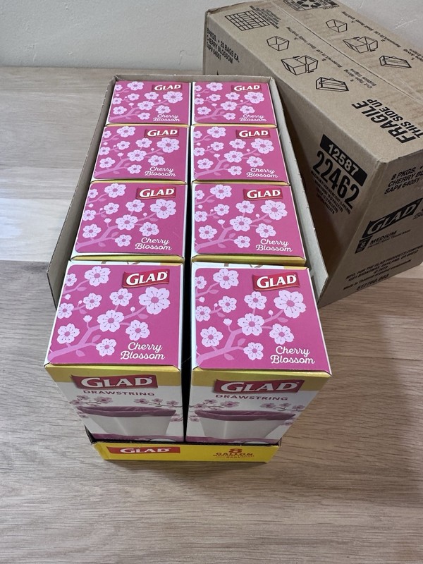 Glad OdorShield, 8 Boxes, Drawstring Trash Bags, Cherry Blossom, 8 Gallon, 160ct gallery